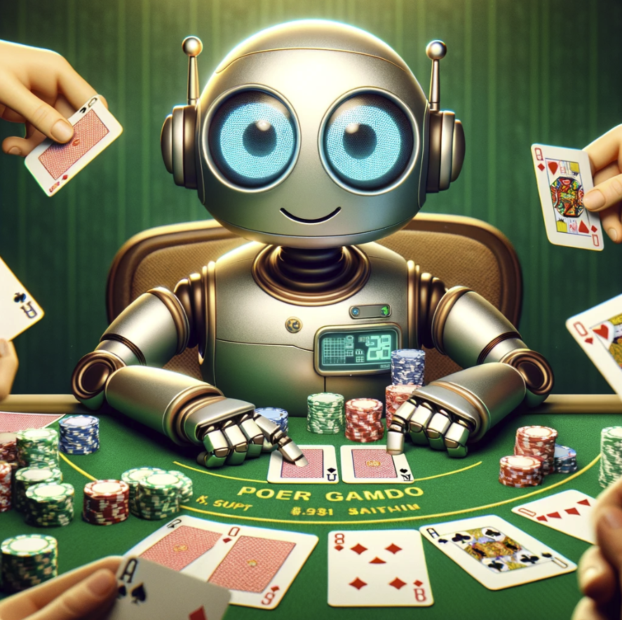Here is the cartoon image of a poker-playing robot at a poker table.
