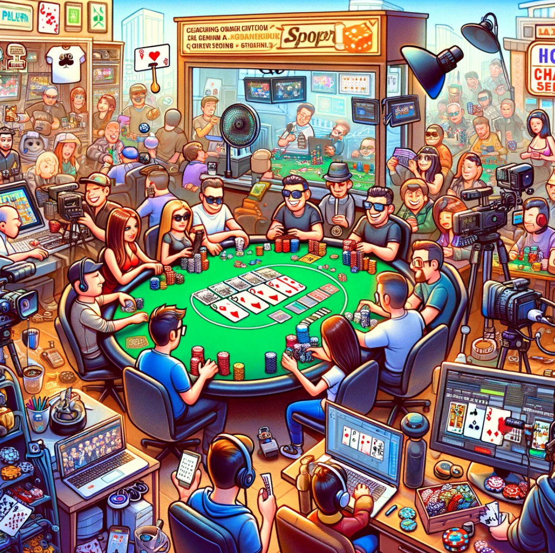 Here is a cartoon image depicting a bustling online poker business. The scene captures various poker-related activities and conveys the lively atmosphere of a thriving poker enterprise.