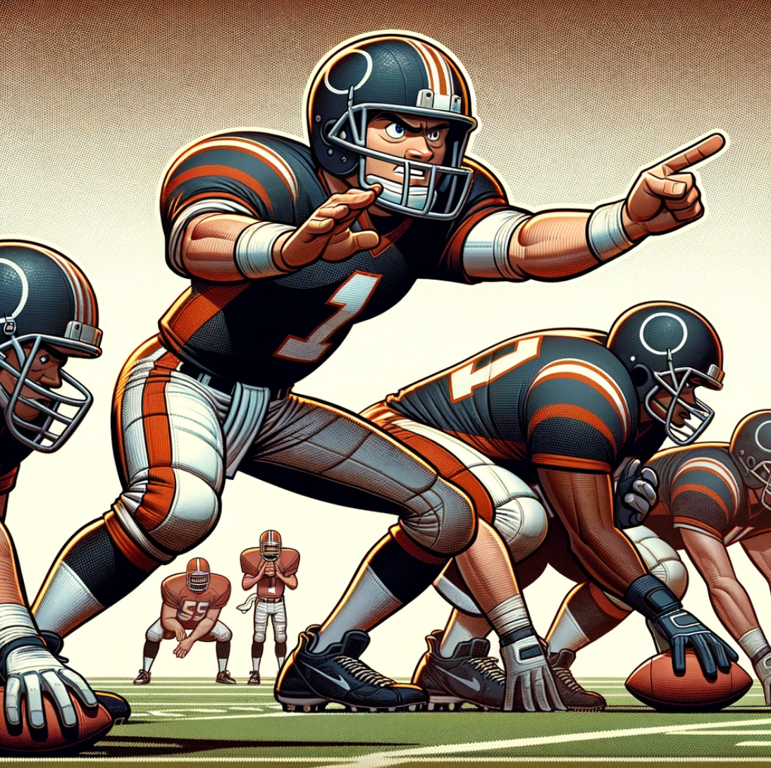 Here is a cartoon image of an American football quarterback at the line of scrimmage, making a call and directing his team.