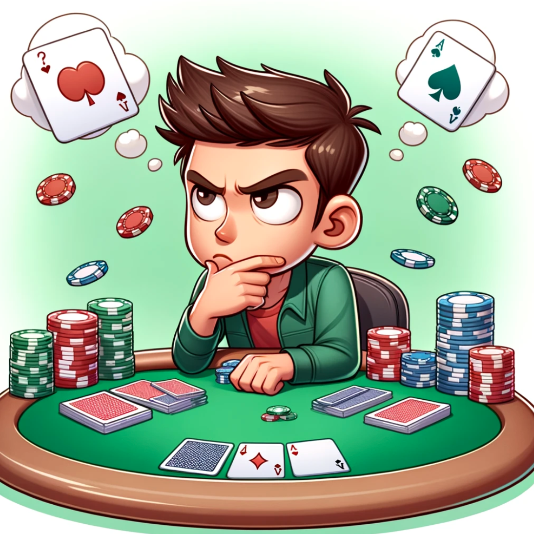 Here is a cartoon image of a poker player deep in thought at a poker table, encapsulating the essence of strategic thinking in poker.