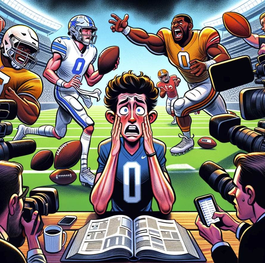 The cartoon image depicting the various challenges faced by first-round quarterbacks transitioning from college to the NFL is ready. It visually represents the bewilderment and overwhelming nature of this transition, with symbolic elements like faster and larger NFL players, a complex playbook, media attention, and coaching challenges set against the backdrop of an NFL stadium.