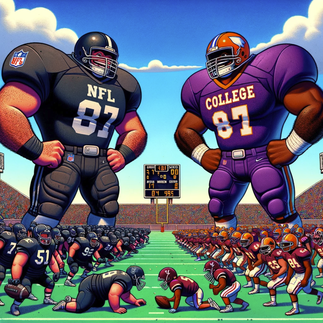 mismatched football game between an NFL team and a college football team. The scene captures the size and skill disparity in a fun, exaggerated manner.