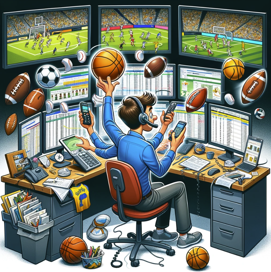 image depicting a person managing multiple professional sports teams. The scene captures the essence of multitasking in an office setting, with the individual surrounded by various sports items and focusing on multiple screens displaying team statistics