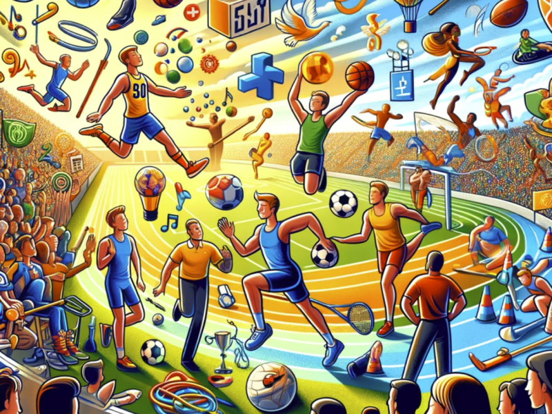 image that captures the philosophy of sports, showcasing a variety of sports characters engaged in their activities with symbols representing key concepts like teamwork, discipline, and perseverance. The vibrant and dynamic scene set against the backdrop of a stadium filled with fans highlights the communal spirit and the positive impact of sports
