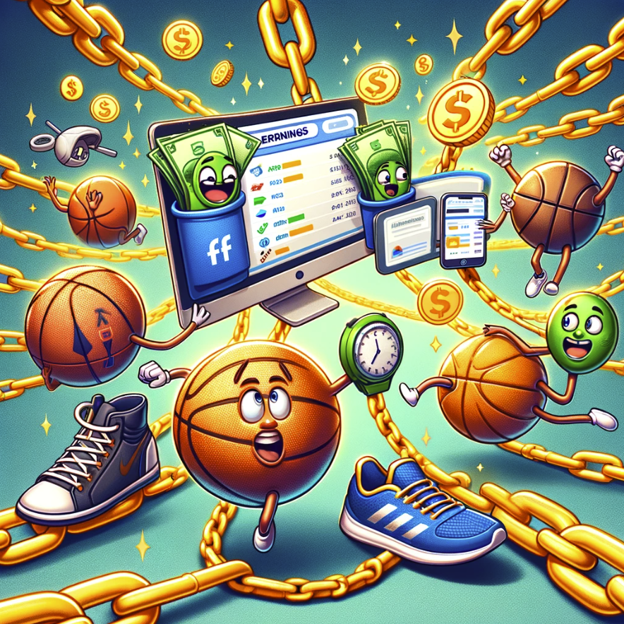 various sports equipment linked together with golden chains, each leading to a device displaying earnings from sports affiliate programs. The equipment, animated with expressive faces, excitedly looks at the screens, illustrating the lucrative and interconnected nature of affiliate marketing in the sports industry