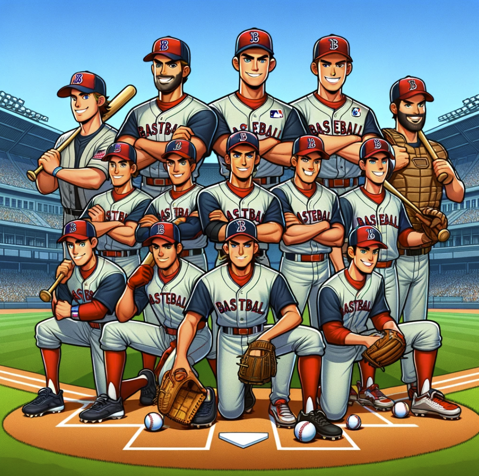 image of an MLB baseball team roster, set in a baseball stadium with players ready for a team photo on the field. Each character, decked out in baseball uniforms, strikes a unique pose that reflects their role and personality, with some holding bats, gloves, and balls. The stadium backdrop, complete with the diamond, bases, and outfield under a clear blue sky, captures the essence of teamwork, passion, and competitive spirit characteristic of an MLB team, appealing to baseball fans of all ages