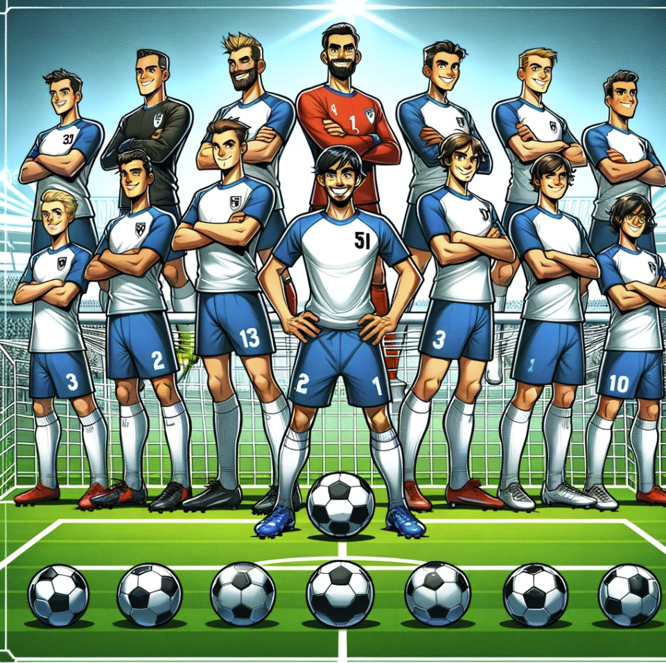 soccer team roster, set on a soccer field with the team arranged for a photo. Each character is in uniform, showcasing unique poses that reflect their roles, some dribbling a ball, others standing confidently. The detailed soccer pitch in the background, with goals, the center circle, and corner flags, captures the global passion for soccer, the essence of teamwork, and the athletic prowess of the team, making it appealing to soccer fans worldwide