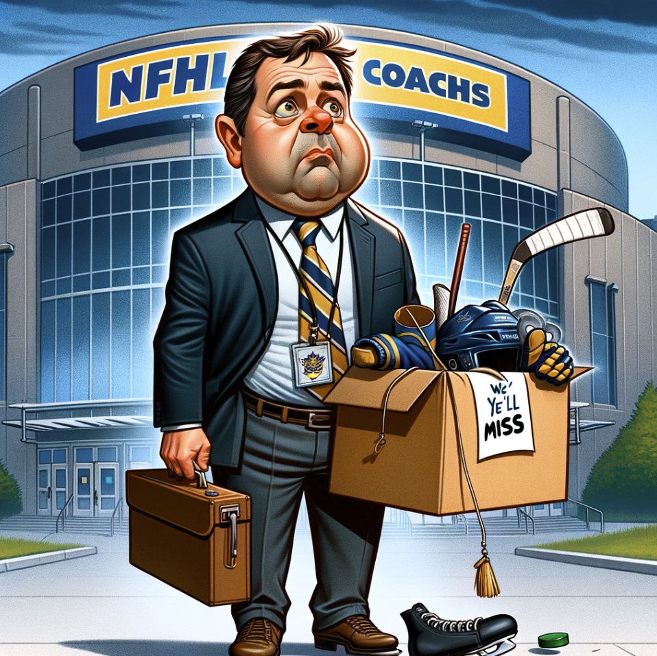 image of a fictional NHL coach who has just been fired. The coach stands outside the hockey arena, holding a box with personal items like a hockey stick and playbook, sporting a mix of surprise and determination. The background features the arena entrance with a slightly ironic 'We'll miss you!' banner, capturing the unexpected and unpredictable nature of sports careers in a lighthearted manner