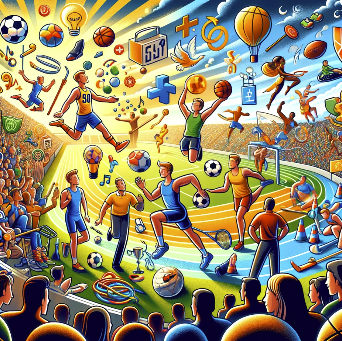 image that captures the philosophy of sports, showcasing a variety of sports characters engaged in their activities with symbols representing key concepts like teamwork, discipline, and perseverance. The vibrant and dynamic scene set against the backdrop of a stadium filled with fans highlights the communal spirit and the positive impact of sports